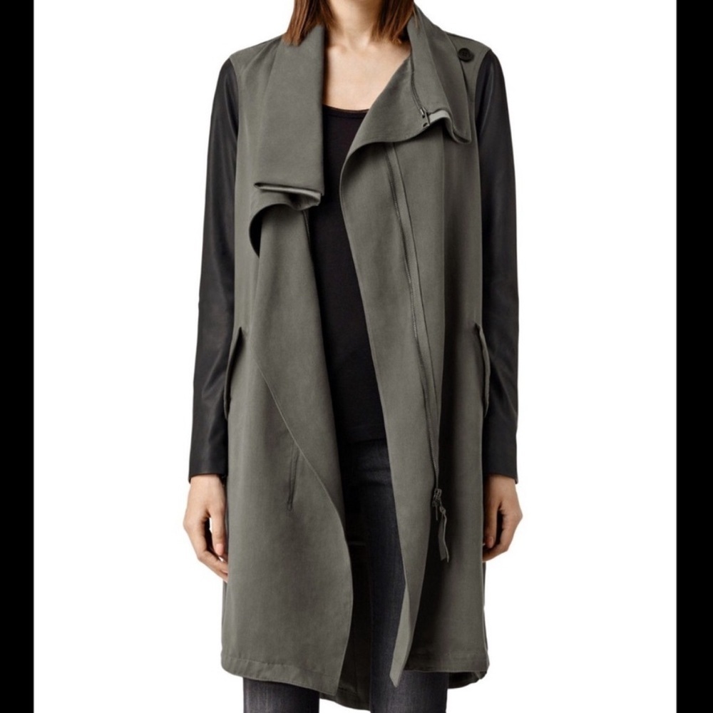 Allsaints‎ Luna Parka Jacket Lamb Leather Sleeves Zip Up Soft Minimalist Muted